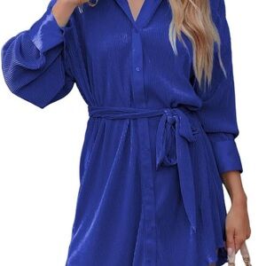 Long Sleeve Tie Waist Pleated Casual Mini Shirt Dress